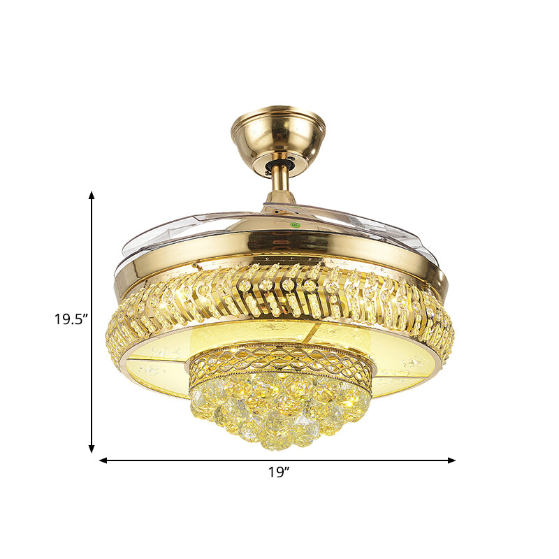 Circular Great Room Ceiling Fan Light Faceted Crystal 19" W LED Simple Semi Flush Lamp in Gold, 4-Blade Clearhalo 'Ceiling Fans with Lights' 'Ceiling Fans' 'Modern Ceiling Fans' 'Modern' Lighting' 1725021