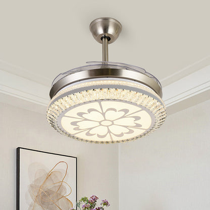 Circle Semi Flush Light Modern Crystal 19" W LED Chrome Ceiling Fan Lighting with Loving Heart/Flower Design, 4 Blades Chrome B Clearhalo 'Ceiling Fans with Lights' 'Ceiling Fans' 'Modern Ceiling Fans' 'Modern' Lighting' 1725026
