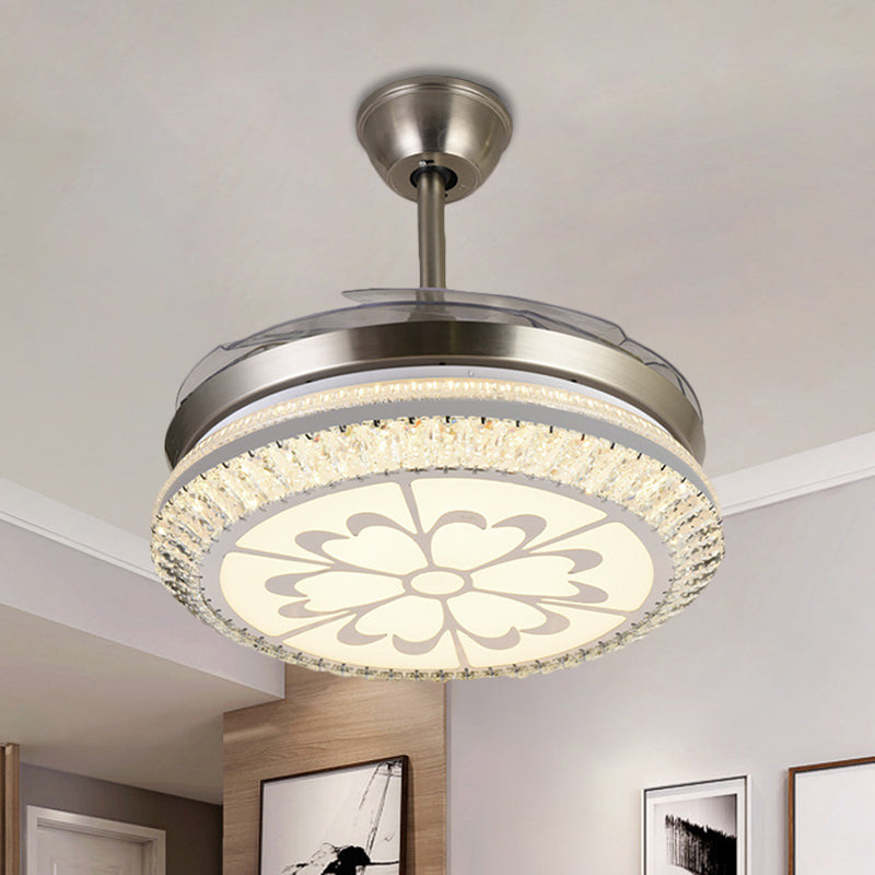 Circle Semi Flush Light Modern Crystal 19" W LED Chrome Ceiling Fan Lighting with Loving Heart/Flower Design, 4 Blades Clearhalo 'Ceiling Fans with Lights' 'Ceiling Fans' 'Modern Ceiling Fans' 'Modern' Lighting' 1725027