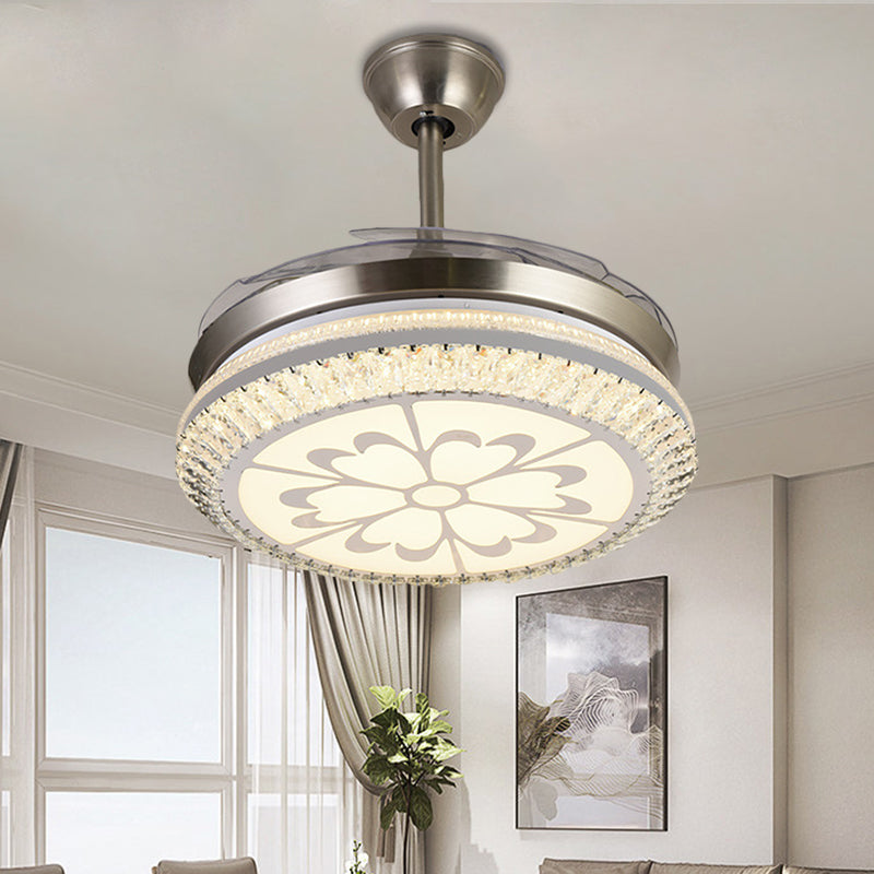 Circle Semi Flush Light Modern Crystal 19" W LED Chrome Ceiling Fan Lighting with Loving Heart/Flower Design, 4 Blades Clearhalo 'Ceiling Fans with Lights' 'Ceiling Fans' 'Modern Ceiling Fans' 'Modern' Lighting' 1725028