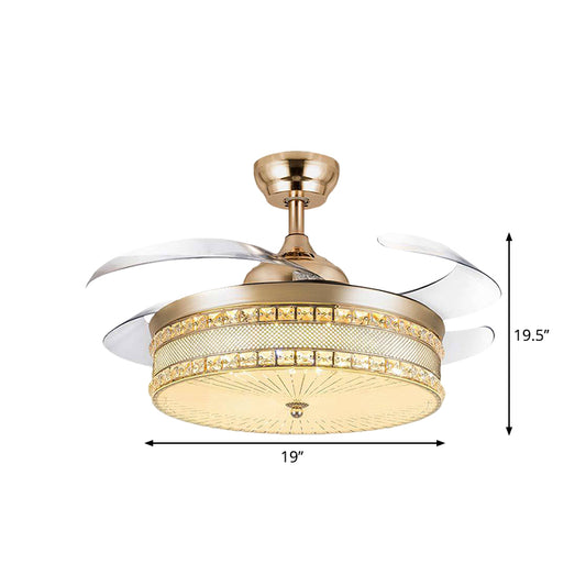 19" W LED Bedroom Hanging Fan Lamp Simple Gold 4 Blades Semi Flush Lighting with Drum Crystal Shade Clearhalo 'Ceiling Fans with Lights' 'Ceiling Fans' 'Modern Ceiling Fans' 'Modern' Lighting' 1725034