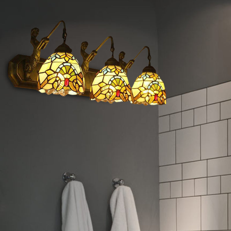 3 Lights Dome Wall Light Fixture with Mermaid/Arc Arm Baroque Style Stained Glass Wall Sconce Light in Brown Clearhalo 'Industrial' 'Middle century wall lights' 'Tiffany wall lights' 'Tiffany' 'Wall Lamps & Sconces' 'Wall Lights' Lighting' 172504