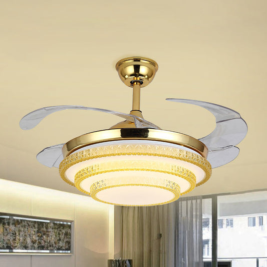 3-Tier Great Room Ceiling Fan Lamp Hand-Cut Crystal LED Contemporary Semi Flush Light in Gold with 4 Blades, 19" W Gold Clearhalo 'Ceiling Fans with Lights' 'Ceiling Fans' 'Modern Ceiling Fans' 'Modern' Lighting' 1725048