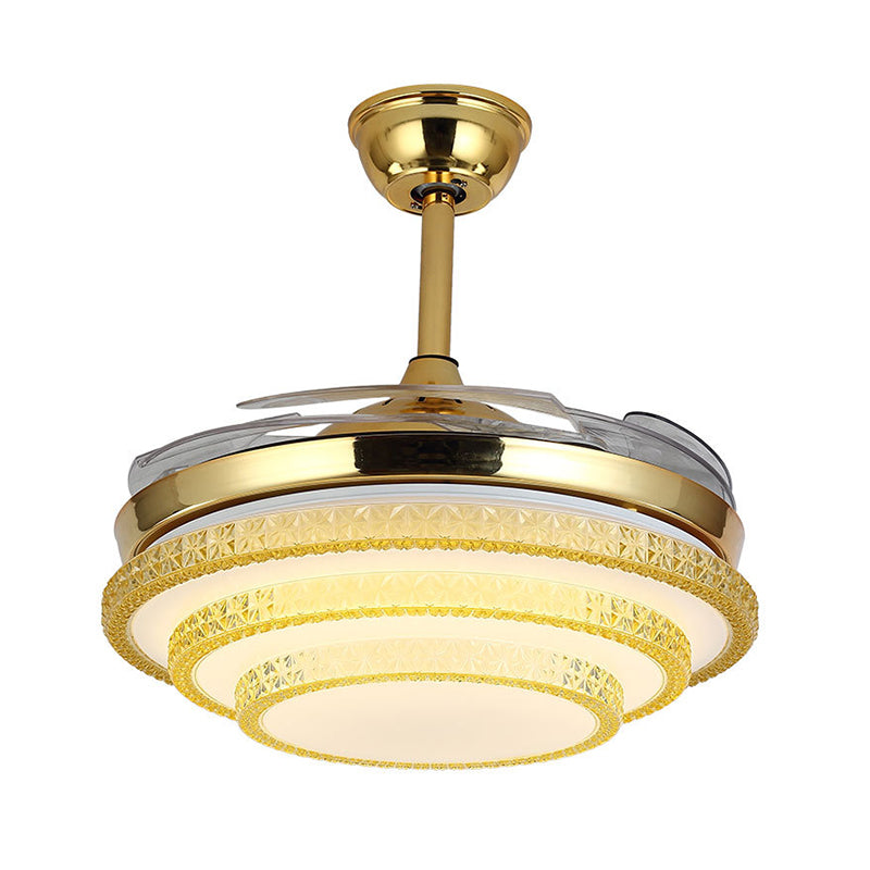 3-Tier Great Room Ceiling Fan Lamp Hand-Cut Crystal LED Contemporary Semi Flush Light in Gold with 4 Blades, 19" W Clearhalo 'Ceiling Fans with Lights' 'Ceiling Fans' 'Modern Ceiling Fans' 'Modern' Lighting' 1725049