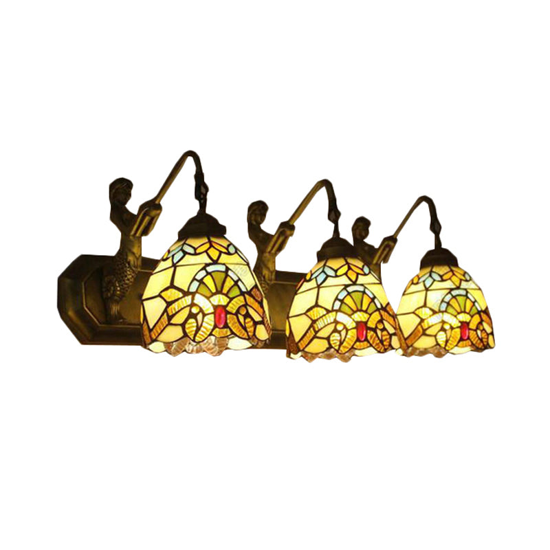 3 Lights Dome Wall Light Fixture with Mermaid/Arc Arm Baroque Style Stained Glass Wall Sconce Light in Brown Clearhalo 'Industrial' 'Middle century wall lights' 'Tiffany wall lights' 'Tiffany' 'Wall Lamps & Sconces' 'Wall Lights' Lighting' 172505