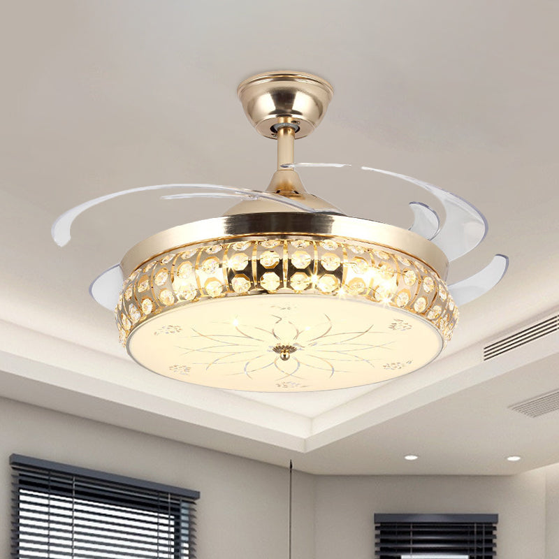 19" W Drum Semi Mount Lighting Simple Beveled Crystal LED Gold Pendant Fan Light with Lotus Pattern, 4-Blade Clearhalo 'Ceiling Fans with Lights' 'Ceiling Fans' 'Modern Ceiling Fans' 'Modern' Lighting' 1725053