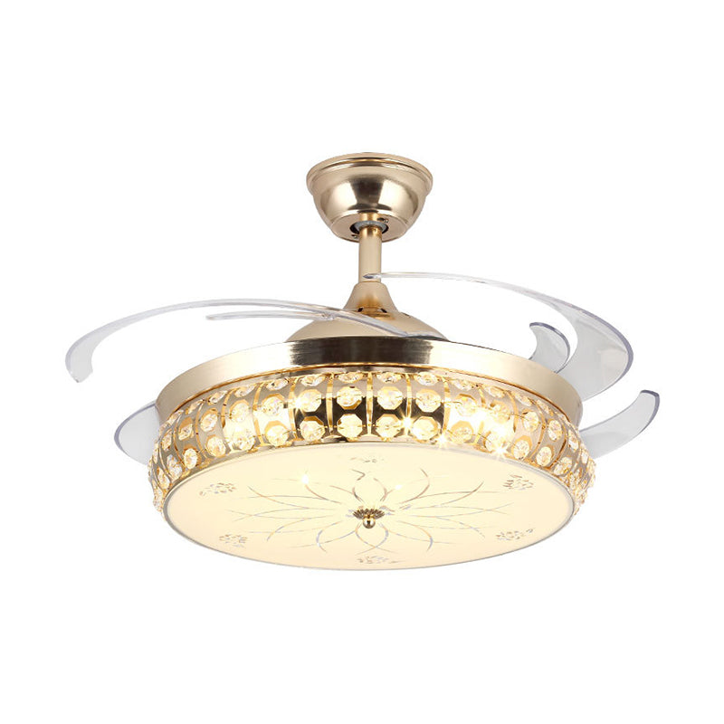 19" W Drum Semi Mount Lighting Simple Beveled Crystal LED Gold Pendant Fan Light with Lotus Pattern, 4-Blade Clearhalo 'Ceiling Fans with Lights' 'Ceiling Fans' 'Modern Ceiling Fans' 'Modern' Lighting' 1725054
