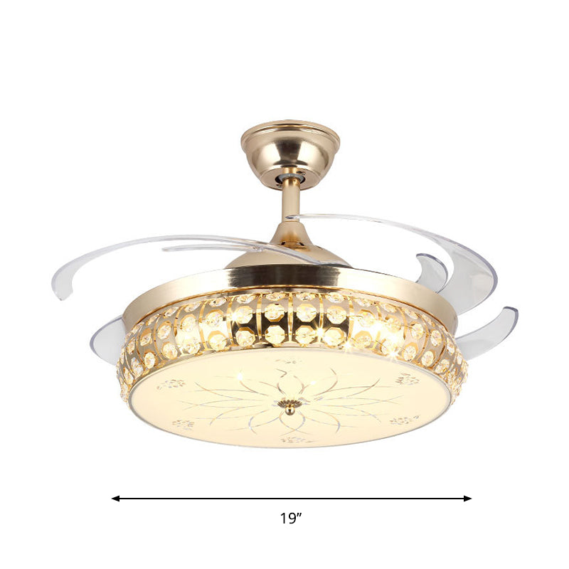 19" W Drum Semi Mount Lighting Simple Beveled Crystal LED Gold Pendant Fan Light with Lotus Pattern, 4-Blade Clearhalo 'Ceiling Fans with Lights' 'Ceiling Fans' 'Modern Ceiling Fans' 'Modern' Lighting' 1725055