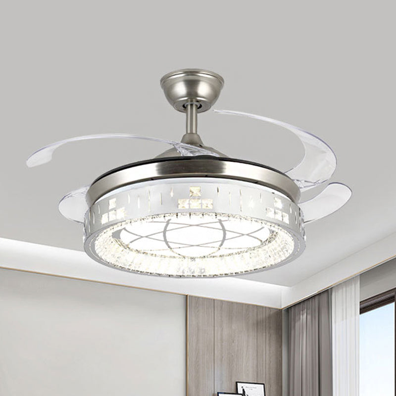 Circular Pendant Fan Light Modern Crystal Rectangle 19" W LED Parlor Semi Flush Lamp in Nickel with 4 Blades Nickel Clearhalo 'Ceiling Fans with Lights' 'Ceiling Fans' 'Modern Ceiling Fans' 'Modern' Lighting' 1725056