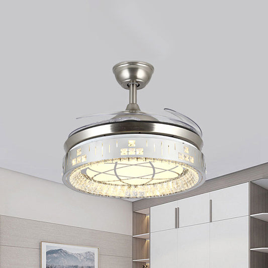 Circular Pendant Fan Light Modern Crystal Rectangle 19" W LED Parlor Semi Flush Lamp in Nickel with 4 Blades Clearhalo 'Ceiling Fans with Lights' 'Ceiling Fans' 'Modern Ceiling Fans' 'Modern' Lighting' 1725057