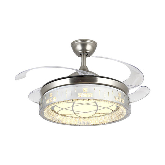 Circular Pendant Fan Light Modern Crystal Rectangle 19" W LED Parlor Semi Flush Lamp in Nickel with 4 Blades Clearhalo 'Ceiling Fans with Lights' 'Ceiling Fans' 'Modern Ceiling Fans' 'Modern' Lighting' 1725058