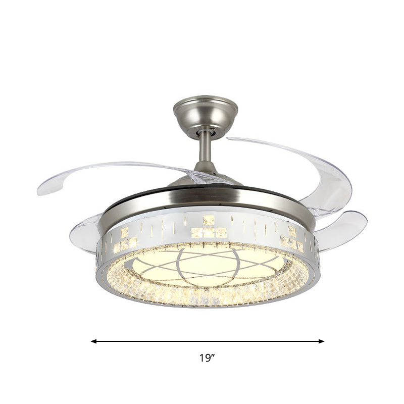 Circular Pendant Fan Light Modern Crystal Rectangle 19" W LED Parlor Semi Flush Lamp in Nickel with 4 Blades Clearhalo 'Ceiling Fans with Lights' 'Ceiling Fans' 'Modern Ceiling Fans' 'Modern' Lighting' 1725059