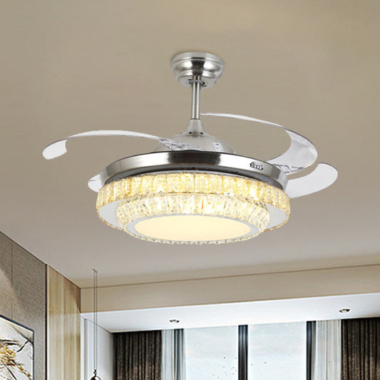 Modernism 3-Tier Round Semi Flush Crystal Block LED Parlor Ceiling Fan Light in Nickel with 4-Blade, 19" Wide Clearhalo 'Ceiling Fans with Lights' 'Ceiling Fans' 'Modern Ceiling Fans' 'Modern' Lighting' 1725061