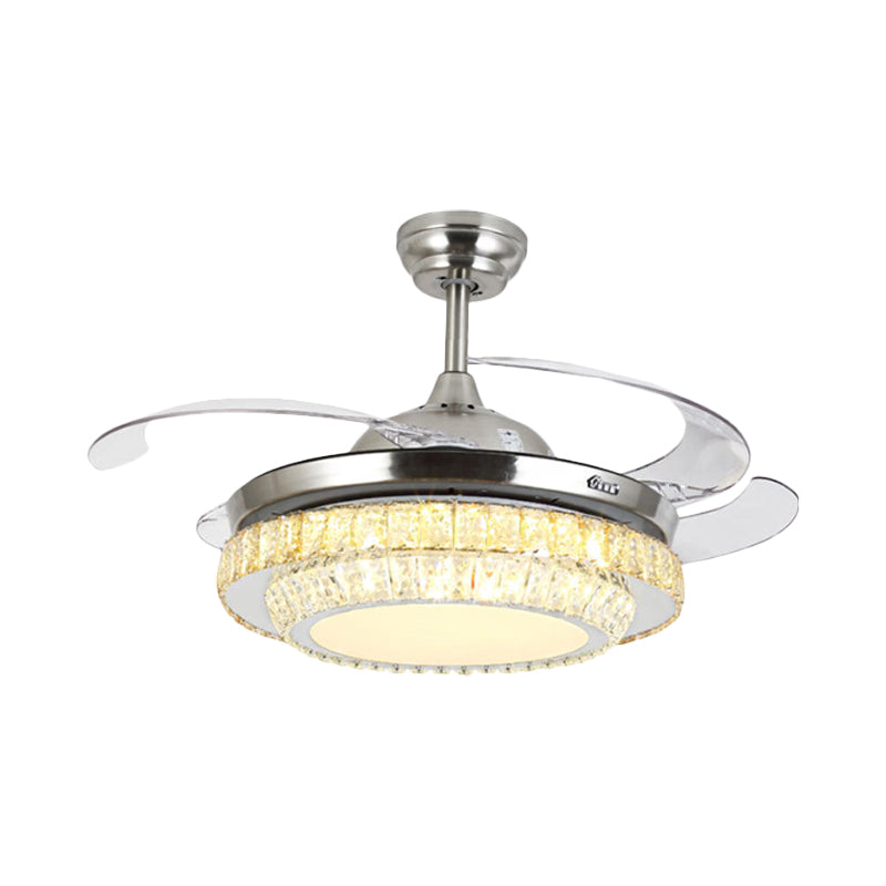 Modernism 3-Tier Round Semi Flush Crystal Block LED Parlor Ceiling Fan Light in Nickel with 4-Blade, 19" Wide Clearhalo 'Ceiling Fans with Lights' 'Ceiling Fans' 'Modern Ceiling Fans' 'Modern' Lighting' 1725062