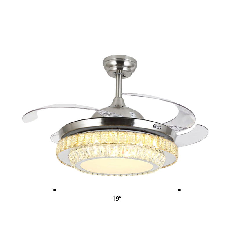 Modernism 3-Tier Round Semi Flush Crystal Block LED Parlor Ceiling Fan Light in Nickel with 4-Blade, 19" Wide Clearhalo 'Ceiling Fans with Lights' 'Ceiling Fans' 'Modern Ceiling Fans' 'Modern' Lighting' 1725063