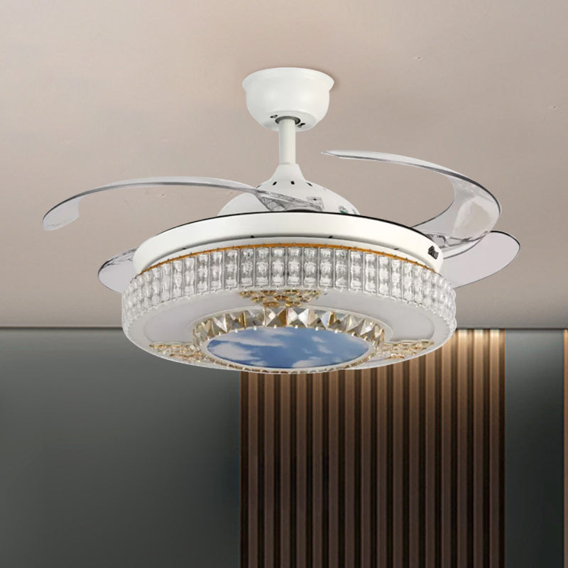 Simple LED Hanging Fan Light Fixture White Circle 4-Blade Semi Flush Lamp with Crystal Shade, 19" Width White Clearhalo 'Ceiling Fans with Lights' 'Ceiling Fans' 'Modern Ceiling Fans' 'Modern' Lighting' 1725064