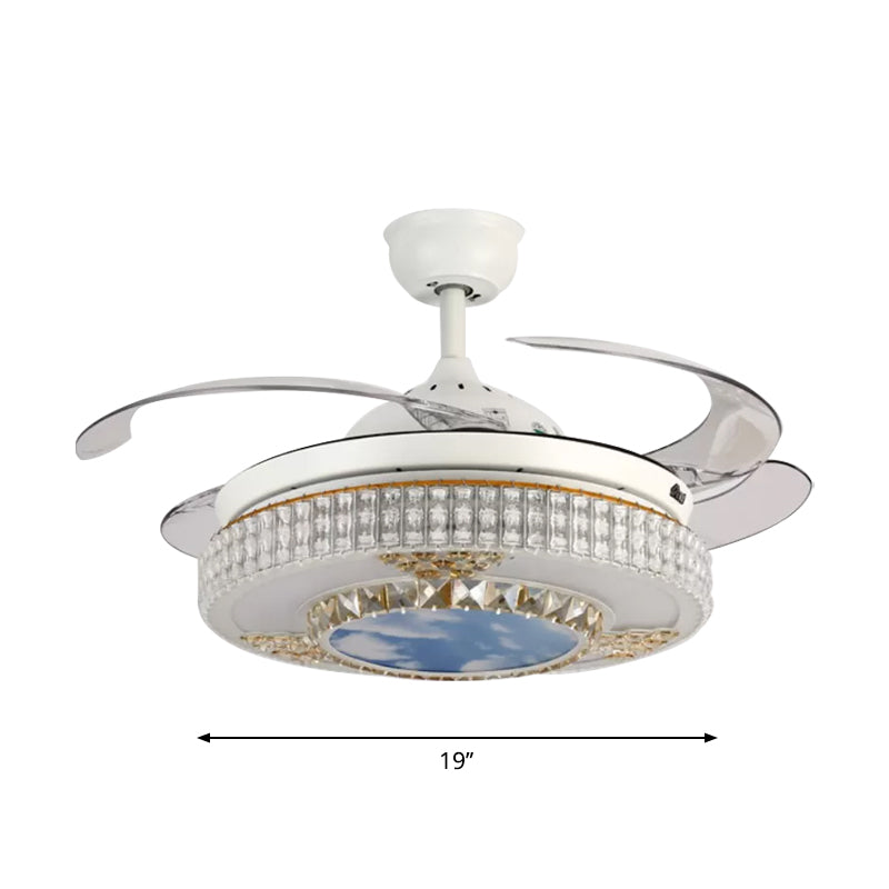 Simple LED Hanging Fan Light Fixture White Circle 4-Blade Semi Flush Lamp with Crystal Shade, 19" Width Clearhalo 'Ceiling Fans with Lights' 'Ceiling Fans' 'Modern Ceiling Fans' 'Modern' Lighting' 1725067
