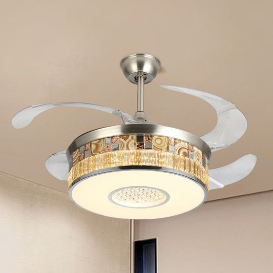 19" W LED Parlor Semi Flush Mount Minimalism Nickel 4 Blades Hanging Fan Lamp with Drum Crystal Shade Nickel Clearhalo 'Ceiling Fans with Lights' 'Ceiling Fans' 'Modern Ceiling Fans' 'Modern' Lighting' 1725068