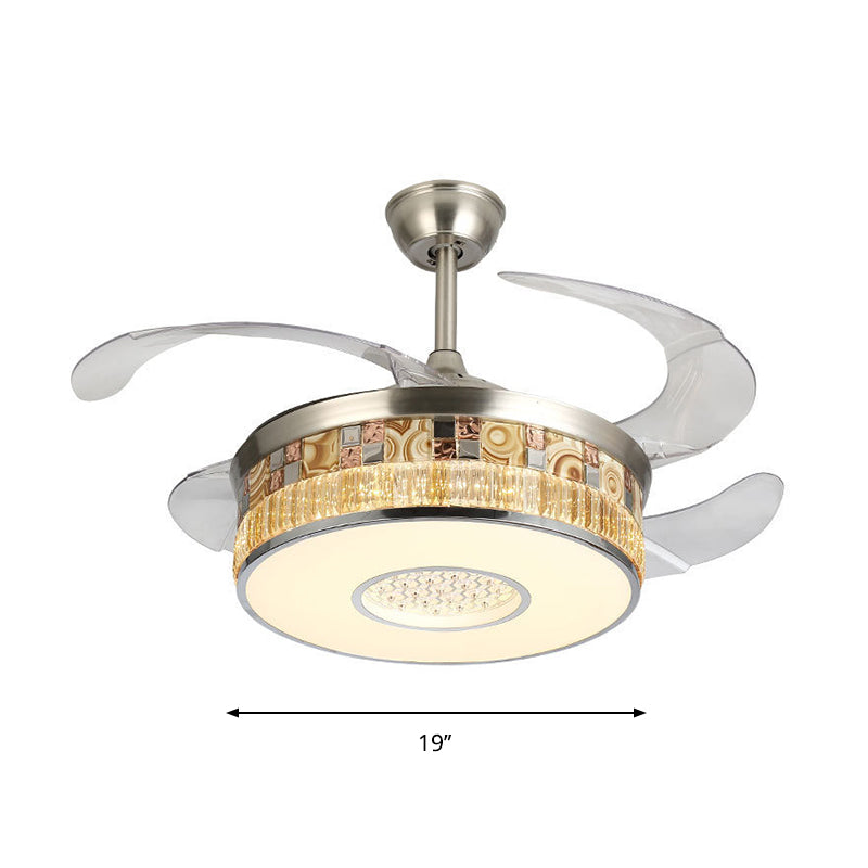 19" W LED Parlor Semi Flush Mount Minimalism Nickel 4 Blades Hanging Fan Lamp with Drum Crystal Shade Clearhalo 'Ceiling Fans with Lights' 'Ceiling Fans' 'Modern Ceiling Fans' 'Modern' Lighting' 1725071