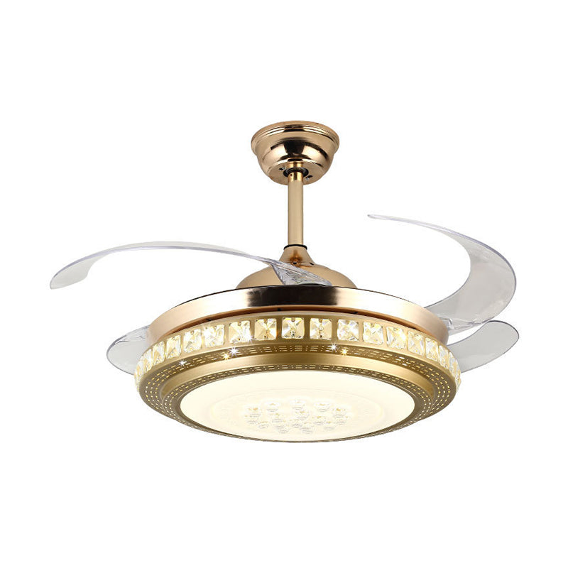 Crystal Block Circle Semi Flush Simple 19" Width LED Pendant Fan Light in Gold with 4 Blades Clearhalo 'Ceiling Fans with Lights' 'Ceiling Fans' 'Modern Ceiling Fans' 'Modern' Lighting' 1725078