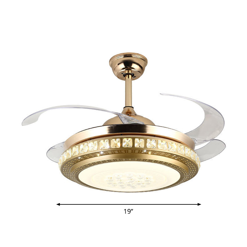 Crystal Block Circle Semi Flush Simple 19" Width LED Pendant Fan Light in Gold with 4 Blades Clearhalo 'Ceiling Fans with Lights' 'Ceiling Fans' 'Modern Ceiling Fans' 'Modern' Lighting' 1725079