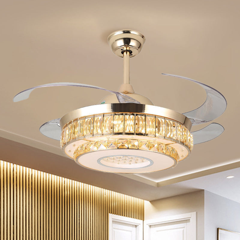 2-Tier Round Crystal Pendant Fan Lamp Modern 19" Wide LED Gold Semi Mount Lighting, 4 Blades Gold Clearhalo 'Ceiling Fans with Lights' 'Ceiling Fans' 'Modern Ceiling Fans' 'Modern' Lighting' 1725080