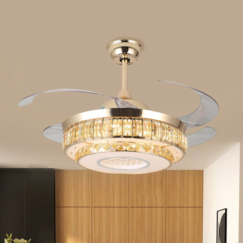 2-Tier Round Crystal Pendant Fan Lamp Modern 19" Wide LED Gold Semi Mount Lighting, 4 Blades Clearhalo 'Ceiling Fans with Lights' 'Ceiling Fans' 'Modern Ceiling Fans' 'Modern' Lighting' 1725081