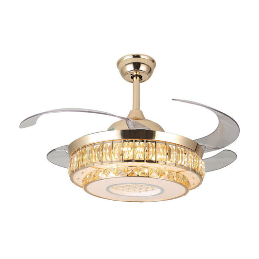 2-Tier Round Crystal Pendant Fan Lamp Modern 19" Wide LED Gold Semi Mount Lighting, 4 Blades Clearhalo 'Ceiling Fans with Lights' 'Ceiling Fans' 'Modern Ceiling Fans' 'Modern' Lighting' 1725082