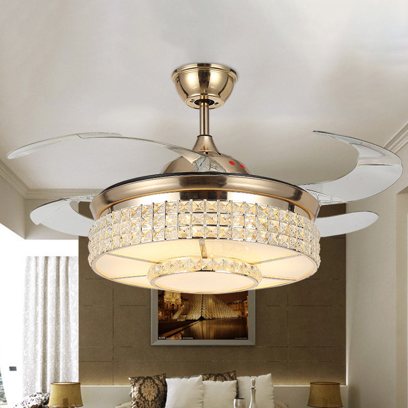 16" W Drum Living Room Hanging Fan Light Beveled Crystal LED Minimalist Semi Flush Lamp in Gold with 4 Blades Gold Clearhalo 'Ceiling Fans with Lights' 'Ceiling Fans' 'Modern Ceiling Fans' 'Modern' Lighting' 1725088