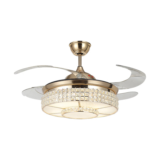 16" W Drum Living Room Hanging Fan Light Beveled Crystal LED Minimalist Semi Flush Lamp in Gold with 4 Blades Clearhalo 'Ceiling Fans with Lights' 'Ceiling Fans' 'Modern Ceiling Fans' 'Modern' Lighting' 1725089