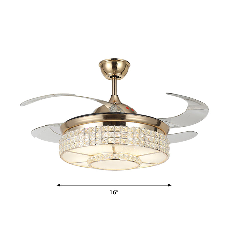 16" W Drum Living Room Hanging Fan Light Beveled Crystal LED Minimalist Semi Flush Lamp in Gold with 4 Blades Clearhalo 'Ceiling Fans with Lights' 'Ceiling Fans' 'Modern Ceiling Fans' 'Modern' Lighting' 1725091