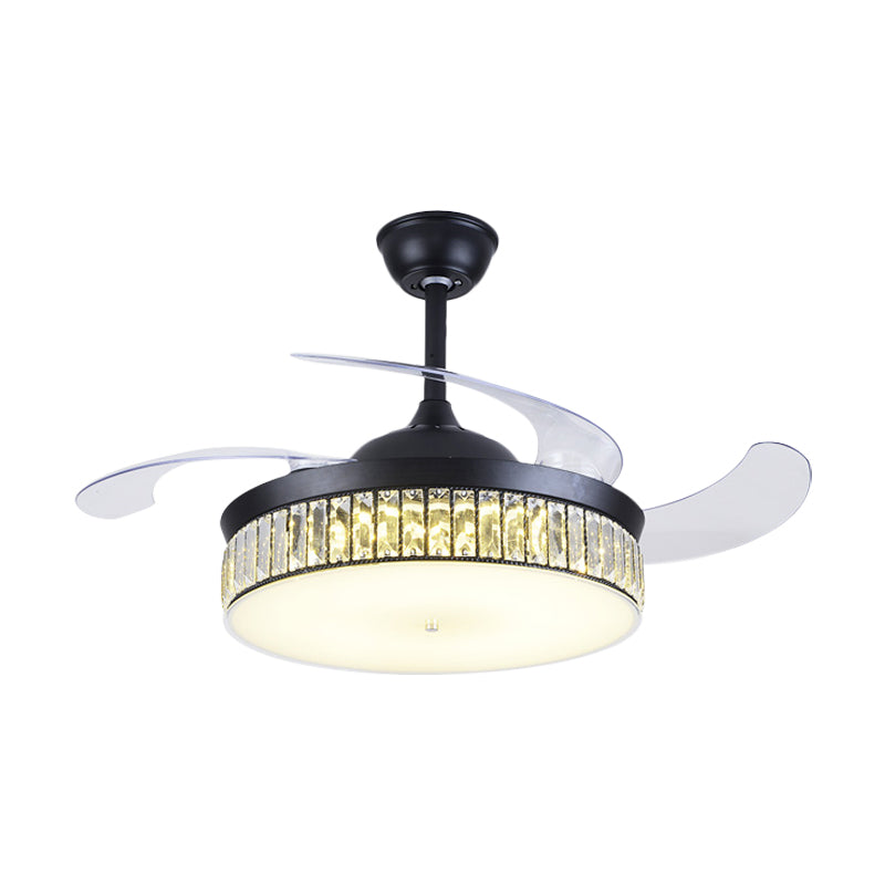 4-Blade Drum Semi Flush Mount Light Contemporary Cut Crystal 19" Width LED Black Hanging Fan Lamp Clearhalo 'Ceiling Fans with Lights' 'Ceiling Fans' 'Modern Ceiling Fans' 'Modern' Lighting' 1725094
