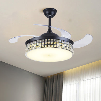 4-Blade Drum Semi Flush Mount Light Contemporary Cut Crystal 19" Width LED Black Hanging Fan Lamp Black B Clearhalo 'Ceiling Fans with Lights' 'Ceiling Fans' 'Modern Ceiling Fans' 'Modern' Lighting' 1725096