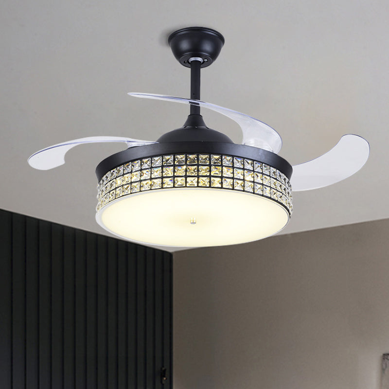 4-Blade Drum Semi Flush Mount Light Contemporary Cut Crystal 19" Width LED Black Hanging Fan Lamp Clearhalo 'Ceiling Fans with Lights' 'Ceiling Fans' 'Modern Ceiling Fans' 'Modern' Lighting' 1725098