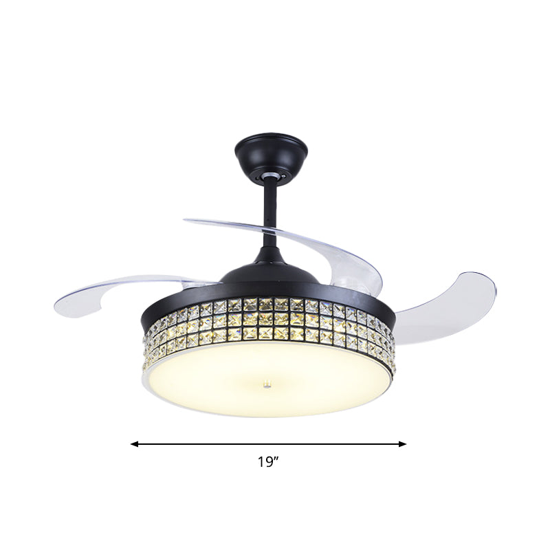 4-Blade Drum Semi Flush Mount Light Contemporary Cut Crystal 19" Width LED Black Hanging Fan Lamp Clearhalo 'Ceiling Fans with Lights' 'Ceiling Fans' 'Modern Ceiling Fans' 'Modern' Lighting' 1725100