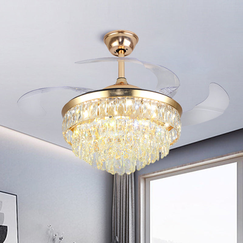 Cascading Ceiling Fan Lighting Simple Crystal Rectangle Great Room 19" W LED Semi Flush in Gold with 4-Blade Gold A Clearhalo 'Ceiling Fans with Lights' 'Ceiling Fans' 'Modern Ceiling Fans' 'Modern' Lighting' 1725101