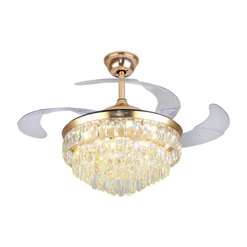 Cascading Ceiling Fan Lighting Simple Crystal Rectangle Great Room 19" W LED Semi Flush in Gold with 4-Blade Clearhalo 'Ceiling Fans with Lights' 'Ceiling Fans' 'Modern Ceiling Fans' 'Modern' Lighting' 1725103