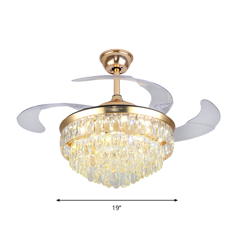 Cascading Ceiling Fan Lighting Simple Crystal Rectangle Great Room 19" W LED Semi Flush in Gold with 4-Blade Clearhalo 'Ceiling Fans with Lights' 'Ceiling Fans' 'Modern Ceiling Fans' 'Modern' Lighting' 1725104