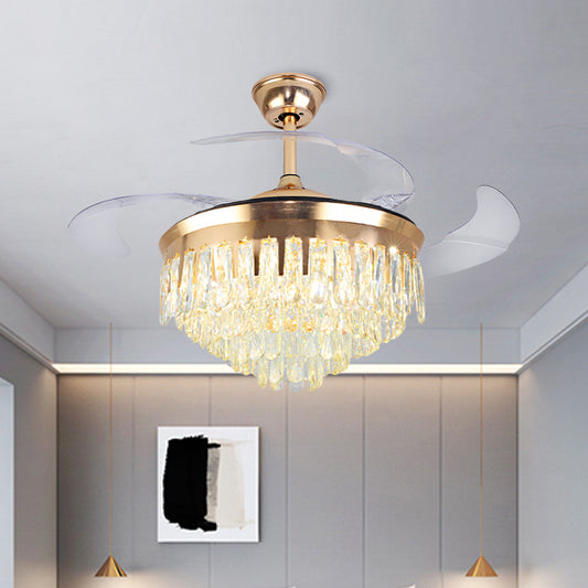 Cascading Ceiling Fan Lighting Simple Crystal Rectangle Great Room 19" W LED Semi Flush in Gold with 4-Blade Gold B Clearhalo 'Ceiling Fans with Lights' 'Ceiling Fans' 'Modern Ceiling Fans' 'Modern' Lighting' 1725105