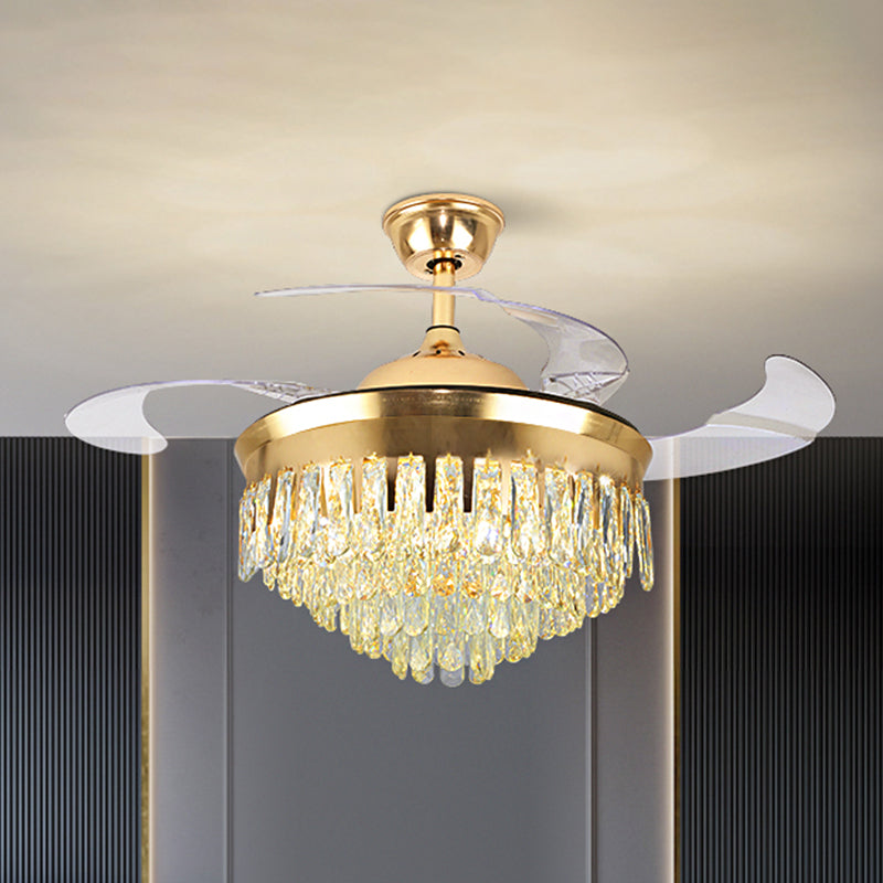 Cascading Ceiling Fan Lighting Simple Crystal Rectangle Great Room 19" W LED Semi Flush in Gold with 4-Blade Clearhalo 'Ceiling Fans with Lights' 'Ceiling Fans' 'Modern Ceiling Fans' 'Modern' Lighting' 1725106