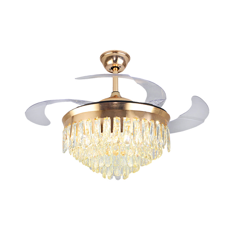 Cascading Ceiling Fan Lighting Simple Crystal Rectangle Great Room 19" W LED Semi Flush in Gold with 4-Blade Clearhalo 'Ceiling Fans with Lights' 'Ceiling Fans' 'Modern Ceiling Fans' 'Modern' Lighting' 1725107