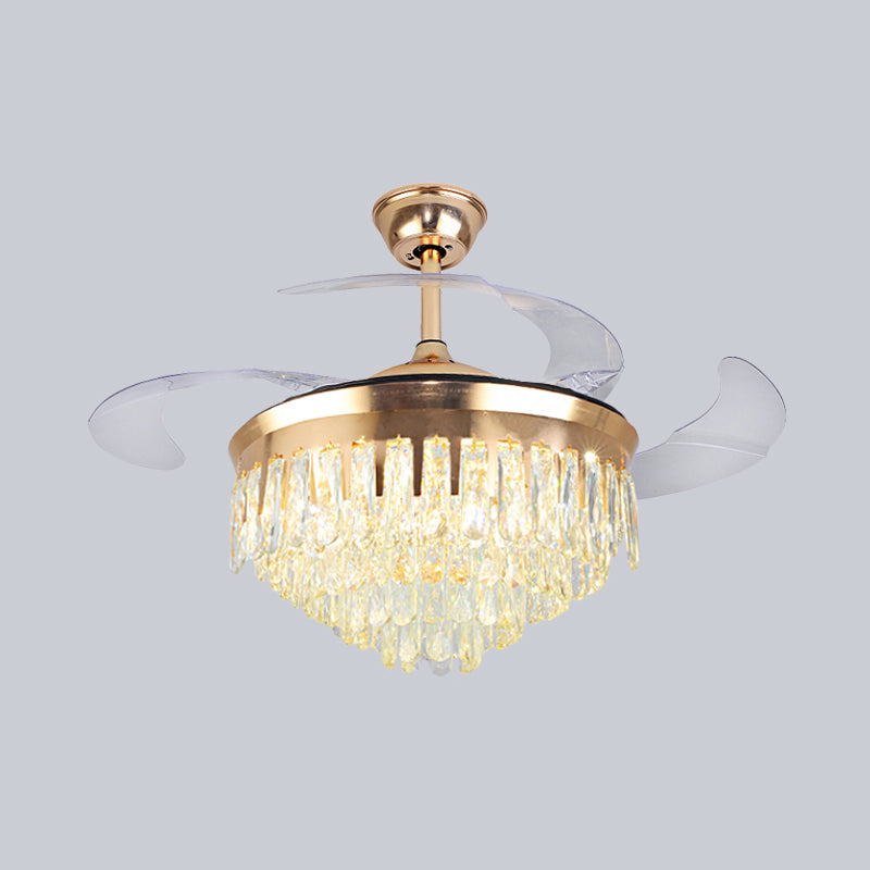 Cascading Ceiling Fan Lighting Simple Crystal Rectangle Great Room 19" W LED Semi Flush in Gold with 4-Blade Clearhalo 'Ceiling Fans with Lights' 'Ceiling Fans' 'Modern Ceiling Fans' 'Modern' Lighting' 1725108