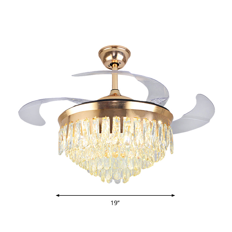 Cascading Ceiling Fan Lighting Simple Crystal Rectangle Great Room 19" W LED Semi Flush in Gold with 4-Blade Clearhalo 'Ceiling Fans with Lights' 'Ceiling Fans' 'Modern Ceiling Fans' 'Modern' Lighting' 1725109