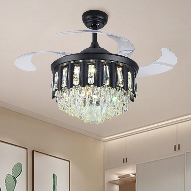 19" W Modern Tapered Semi Flush Mount Hand-Cut Crystal LED Parlor Pendant Fan Light in Black with 4 Blades Black B Clearhalo 'Ceiling Fans with Lights' 'Ceiling Fans' 'Modern Ceiling Fans' 'Modern' Lighting' 1725110
