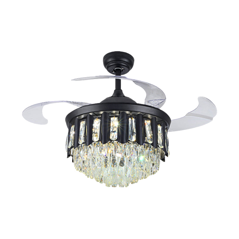19" W Modern Tapered Semi Flush Mount Hand-Cut Crystal LED Parlor Pendant Fan Light in Black with 4 Blades Clearhalo 'Ceiling Fans with Lights' 'Ceiling Fans' 'Modern Ceiling Fans' 'Modern' Lighting' 1725112