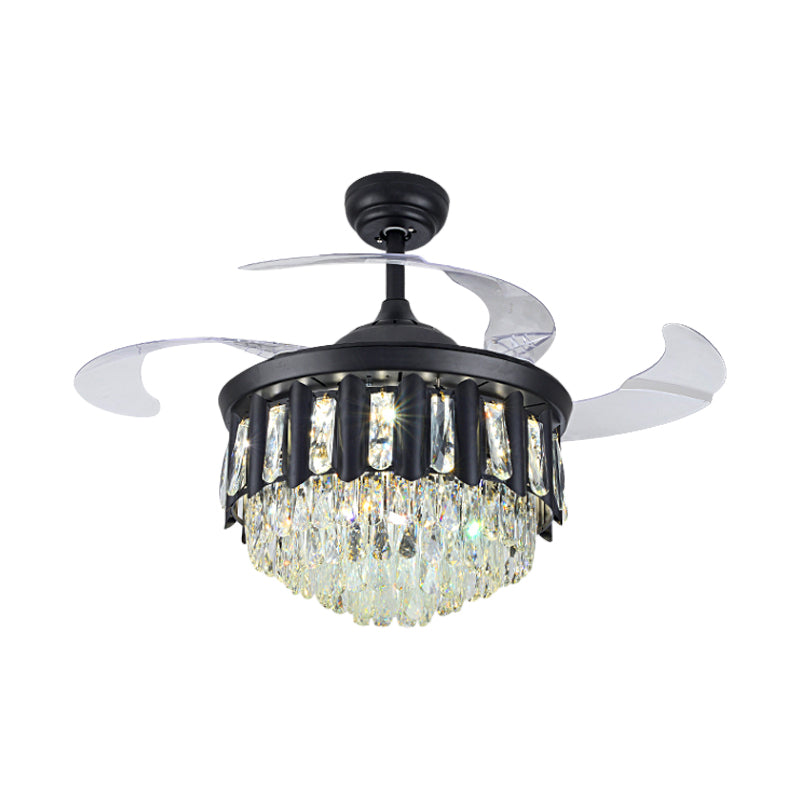 19" W Modern Tapered Semi Flush Mount Hand-Cut Crystal LED Parlor Pendant Fan Light in Black with 4 Blades Clearhalo 'Ceiling Fans with Lights' 'Ceiling Fans' 'Modern Ceiling Fans' 'Modern' Lighting' 1725112