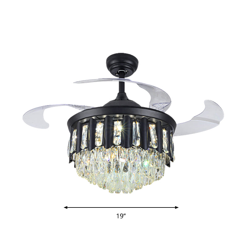 19" W Modern Tapered Semi Flush Mount Hand-Cut Crystal LED Parlor Pendant Fan Light in Black with 4 Blades Clearhalo 'Ceiling Fans with Lights' 'Ceiling Fans' 'Modern Ceiling Fans' 'Modern' Lighting' 1725113