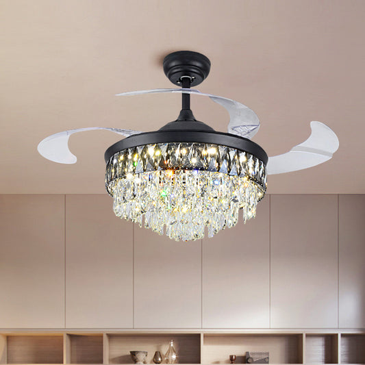 19" W Modern Tapered Semi Flush Mount Hand-Cut Crystal LED Parlor Pendant Fan Light in Black with 4 Blades Black A Clearhalo 'Ceiling Fans with Lights' 'Ceiling Fans' 'Modern Ceiling Fans' 'Modern' Lighting' 1725114