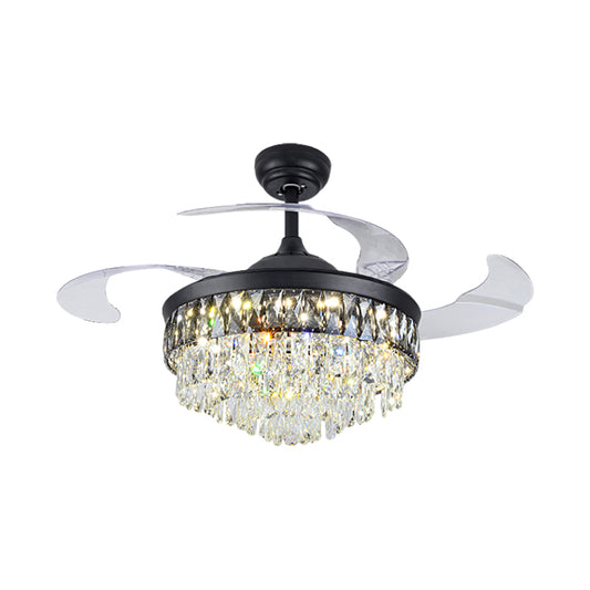 19" W Modern Tapered Semi Flush Mount Hand-Cut Crystal LED Parlor Pendant Fan Light in Black with 4 Blades Clearhalo 'Ceiling Fans with Lights' 'Ceiling Fans' 'Modern Ceiling Fans' 'Modern' Lighting' 1725116