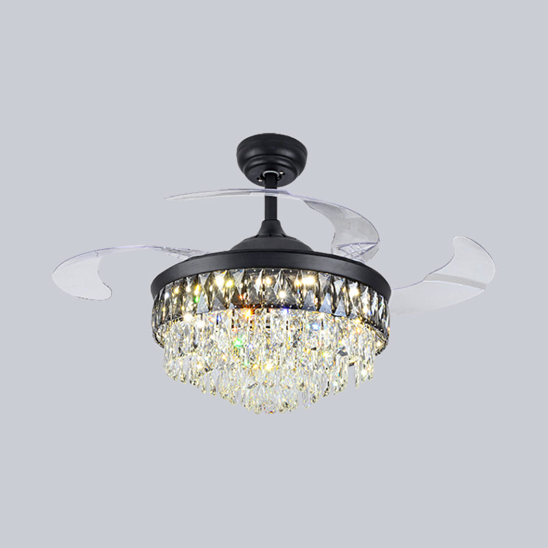 19" W Modern Tapered Semi Flush Mount Hand-Cut Crystal LED Parlor Pendant Fan Light in Black with 4 Blades Clearhalo 'Ceiling Fans with Lights' 'Ceiling Fans' 'Modern Ceiling Fans' 'Modern' Lighting' 1725117